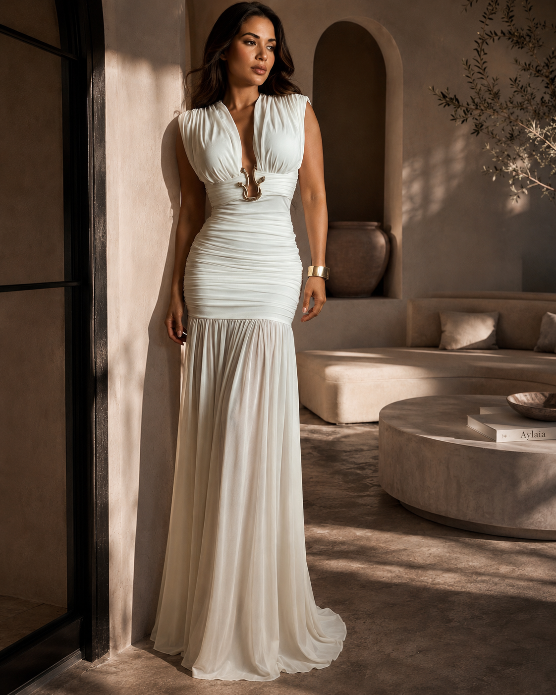 Ivory Ruched Maxi Dress